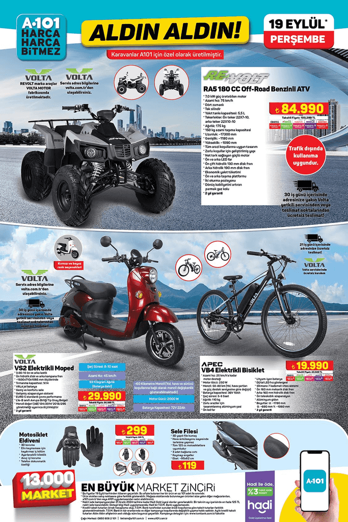 a101 19 eylül perşembe katalog atv elektrikli bisiklet moped