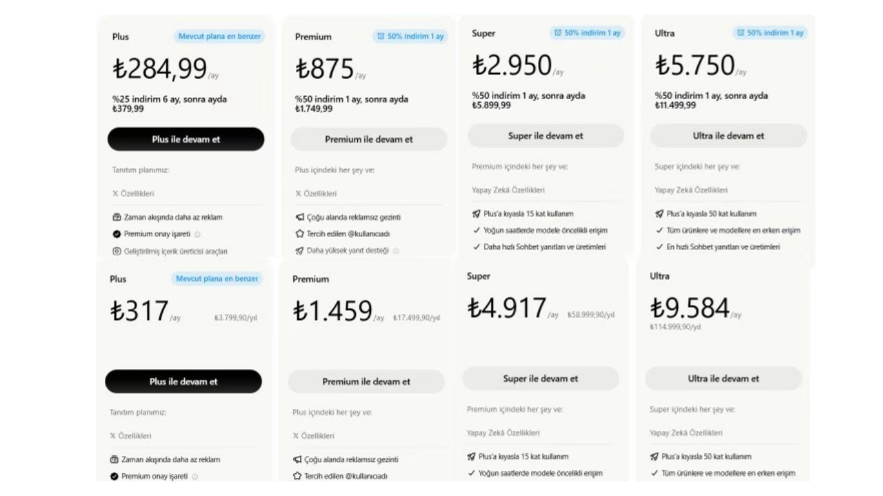 X abonelik Türkiye fiyatları